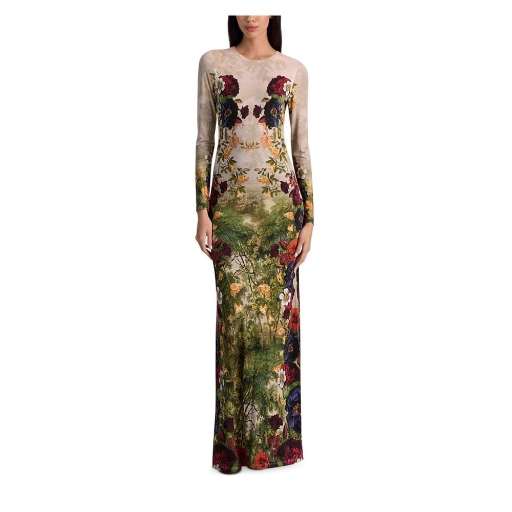 Alice + Olivia Beige Maxi Dress with Green and Burgundy Floral Print